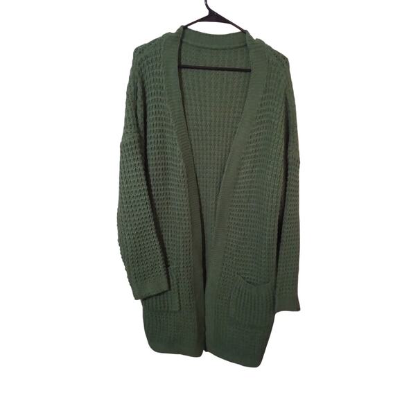 Women's Olive Green Over Sized Chunky Waffle Knit Long Sleeve Cardigan Size XL - Picture 2 of 10